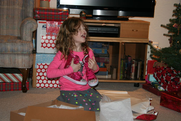 Irene showing her joy at her Santa gift