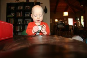 Sam the Anti-Preemie plays with a plate